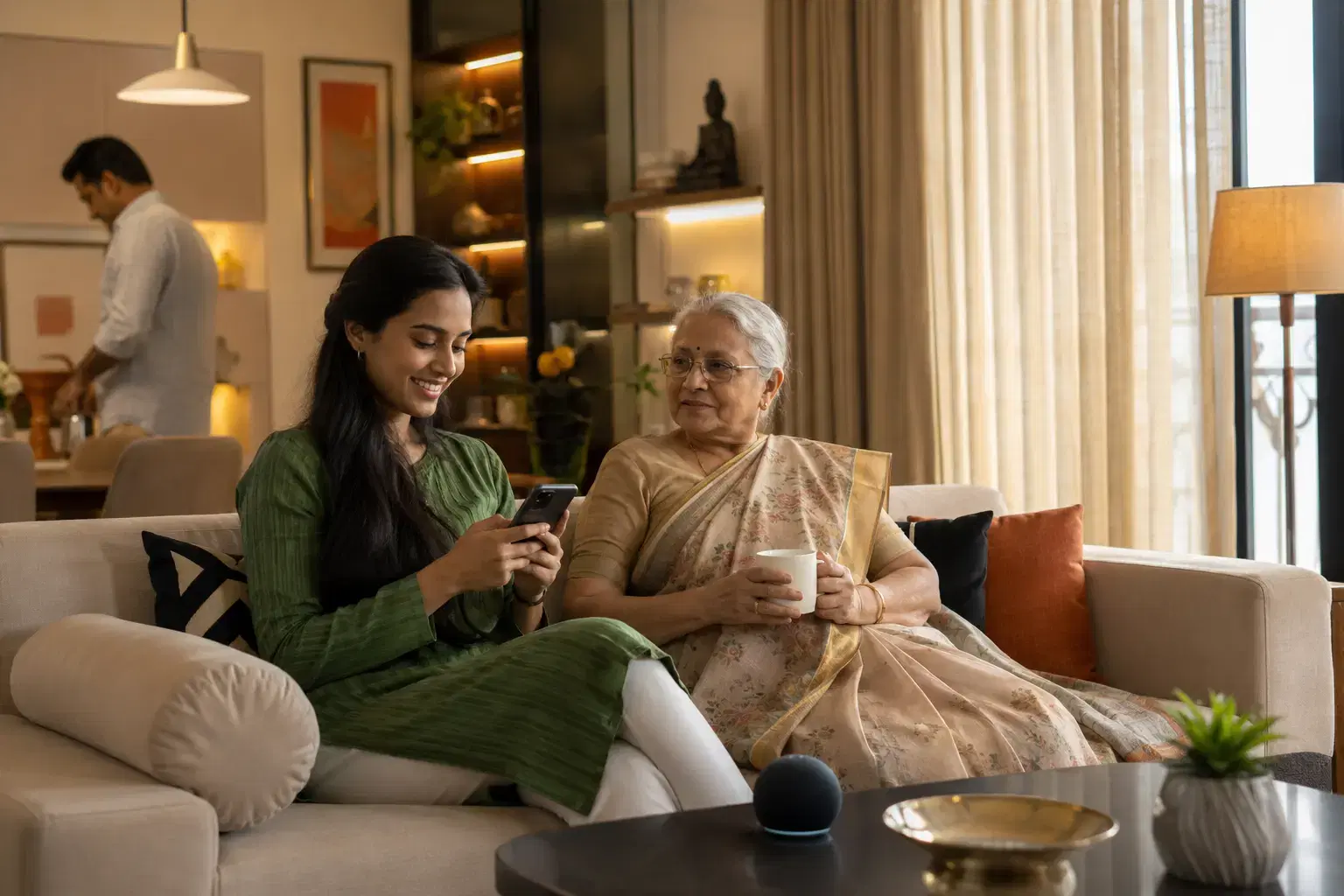 Indian family using a phone and voice assistant to control their home