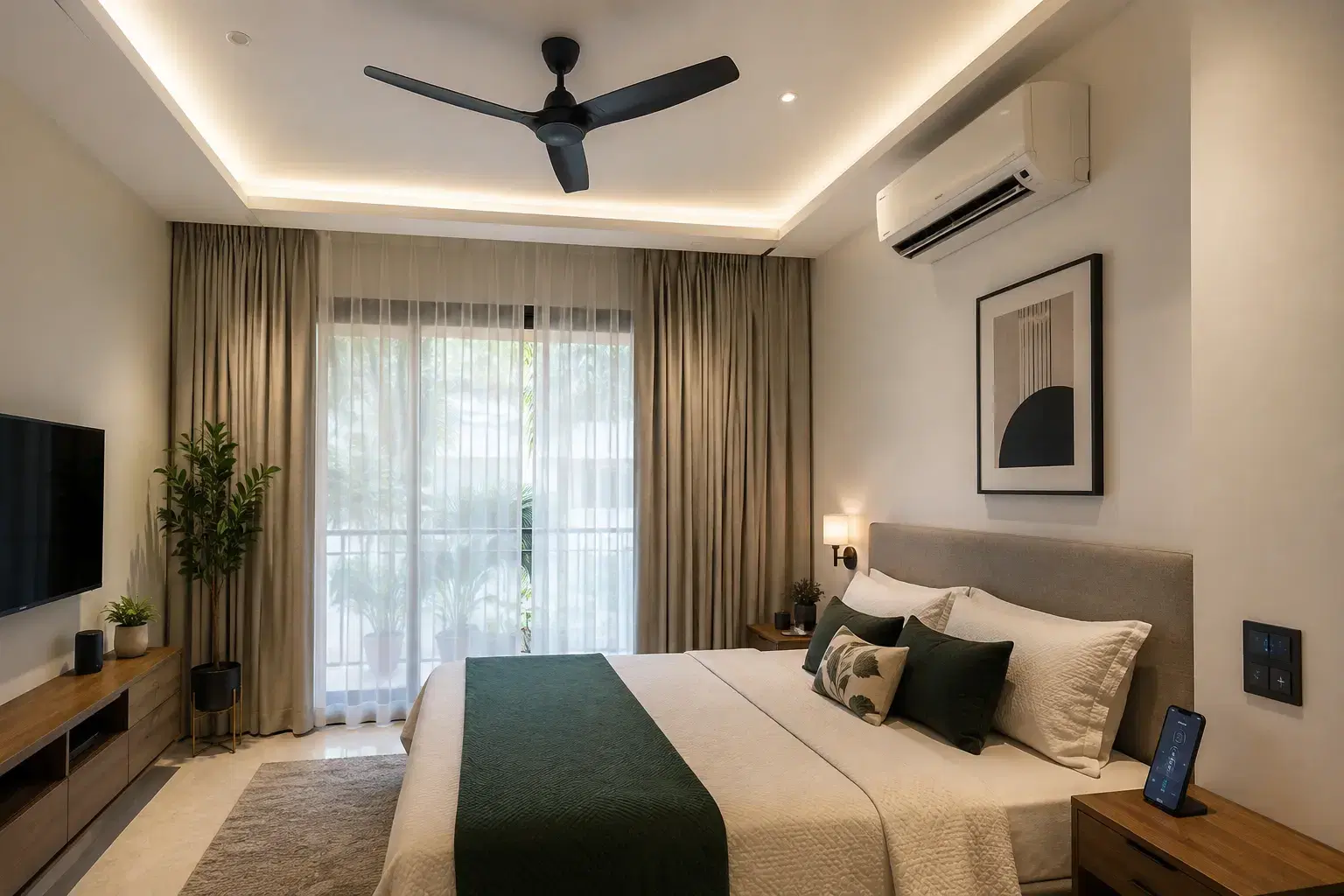 Concept bedroom showing an AC and comfortable lighting