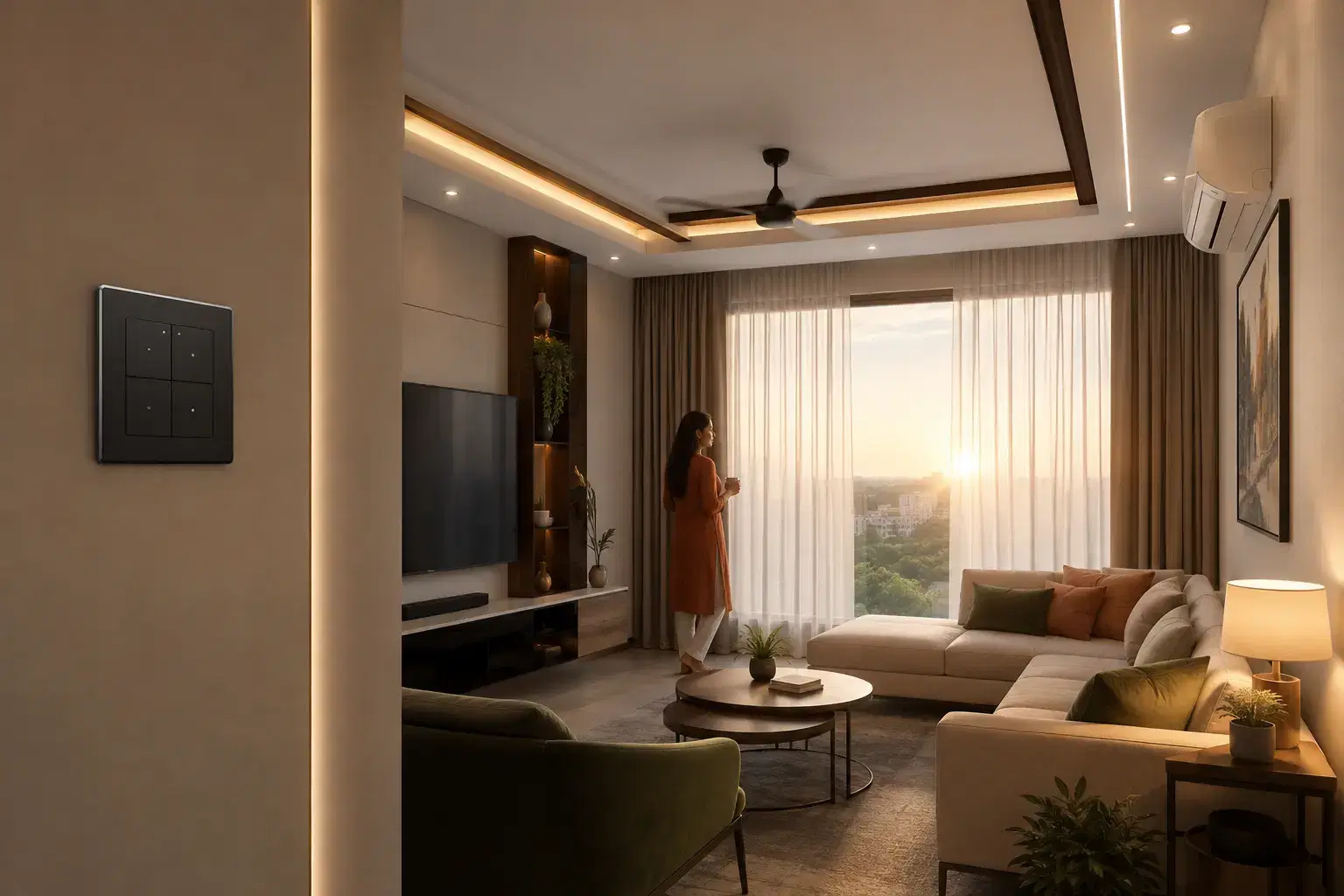 Automated layered lighting and curtains in a modern Indian living room