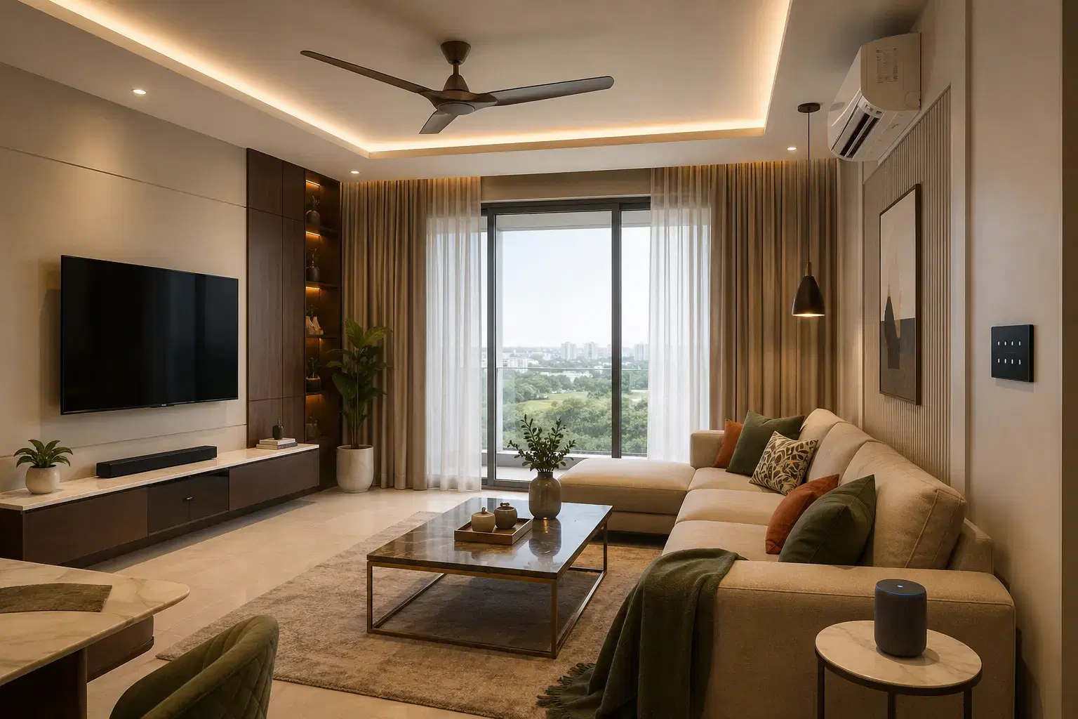 Modern Indian apartment living room with smart lighting, climate control and voice assistant