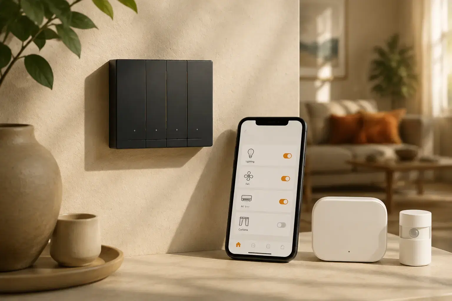 Smart wall switch, home-control app, hub and sensor shown together